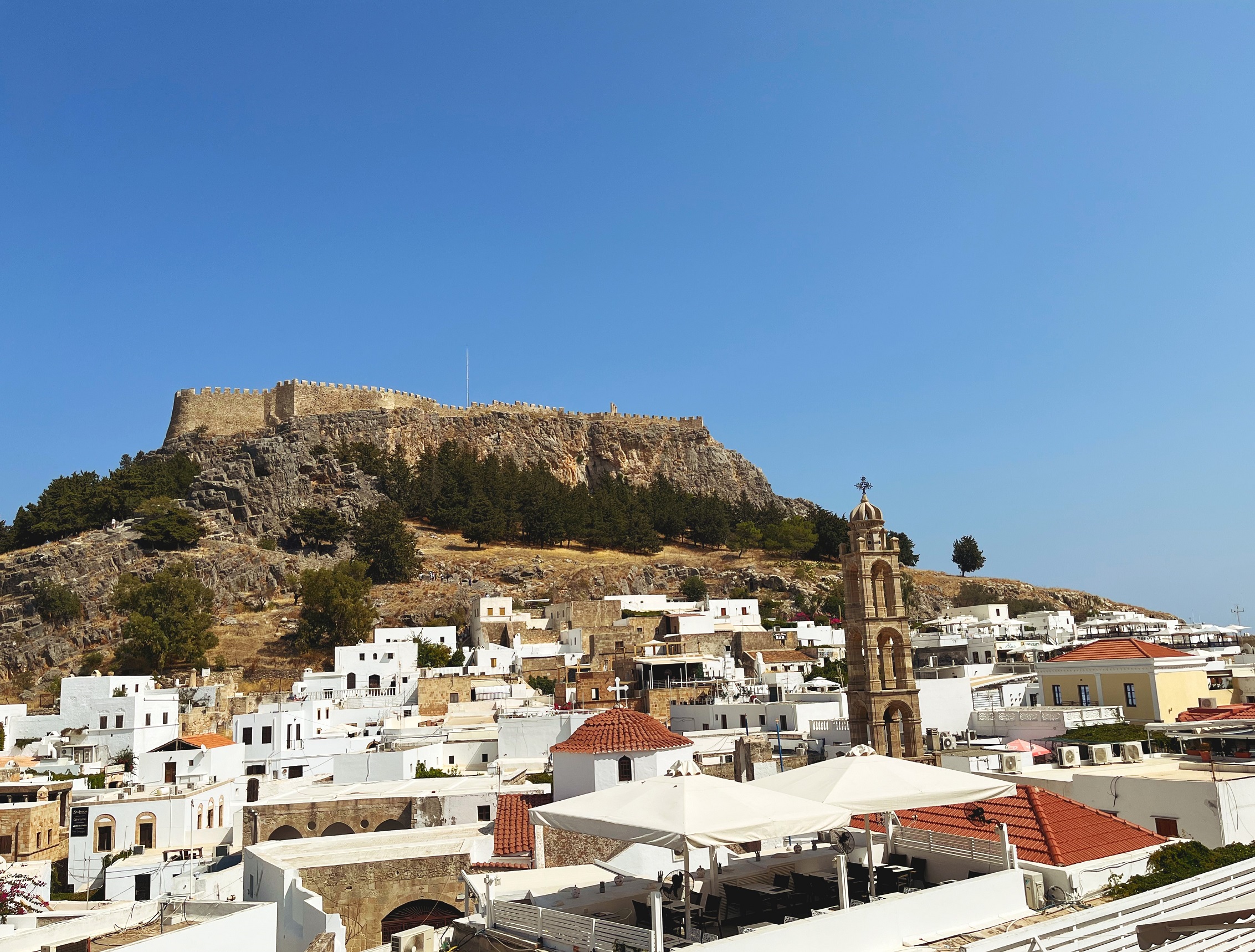 view of Lindos town and Acropolis.